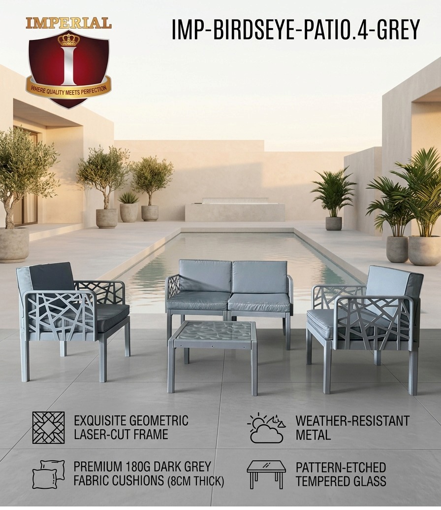 IMPERIAL BIRDSEYE -- WITH TAMPERED GLASS SO LESS MESSY -- GREY CLR --2 SINGLE CHAIRS & 1 LOVE CHAIR & TABLE = 4 PC