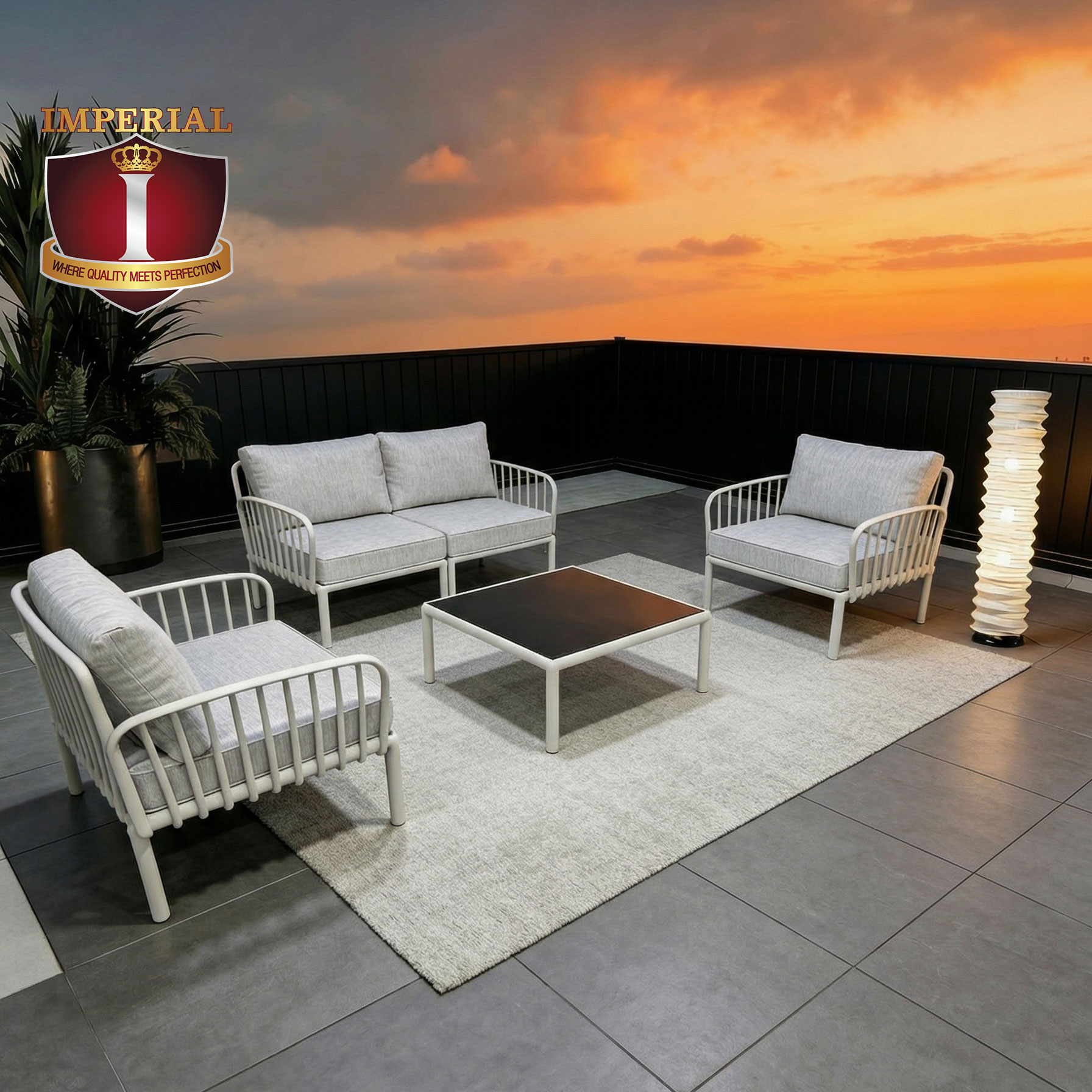 IMPERIAL BOTANIST -- GREY CLR -- BROAD SPECTRUM -- 2 SINGLE CHAIRS & 1 LOVE CHAIR & 1 TEMPERED GLASS TABLE = 4 PC