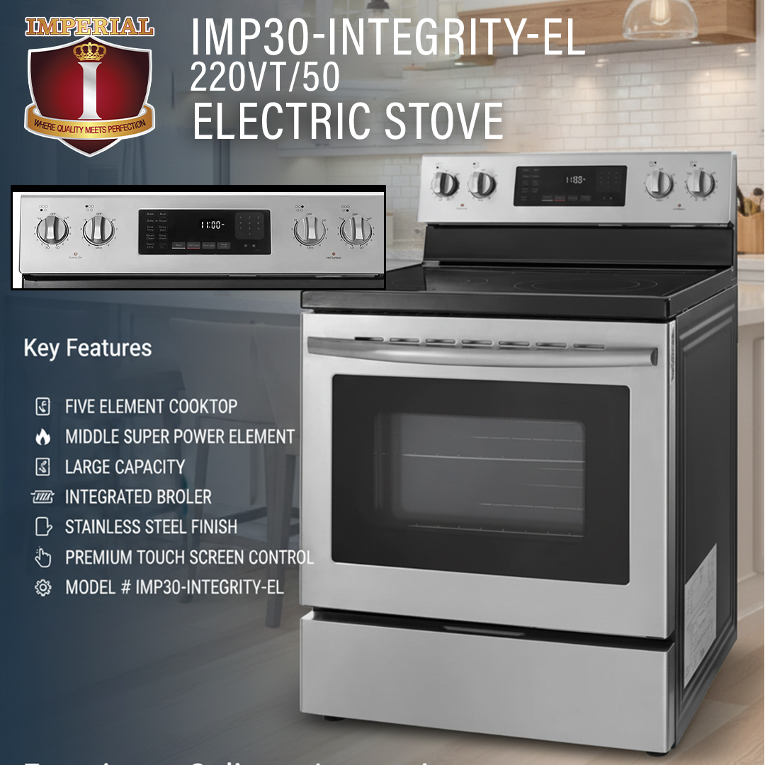 IMPERIAL ELECTRIC SMOOTH TOP STOVE -- 220 VT / 50 HZ -- MAYTAG TYPE SUPER HEAVY DUTY -- WITH BROILER -- & STEEL