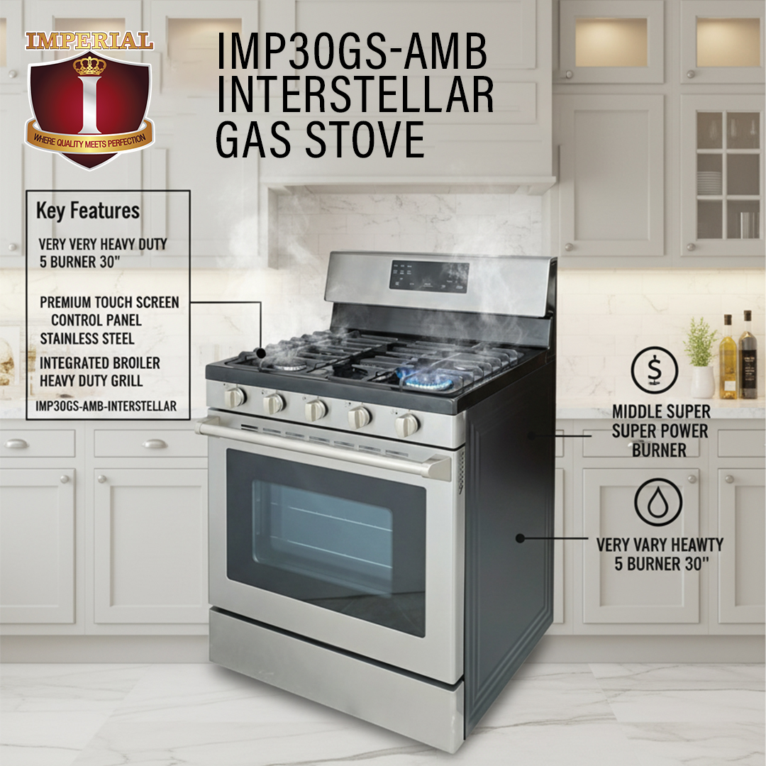 IMPERIAL INTERSTELLAR - TOP TOP TOP OF LINE STOVE -- 5 BUR 30" -- MAYTAG TYPE SUPER HEAVY DUTY -- WITH BROILER -- & STEEL
