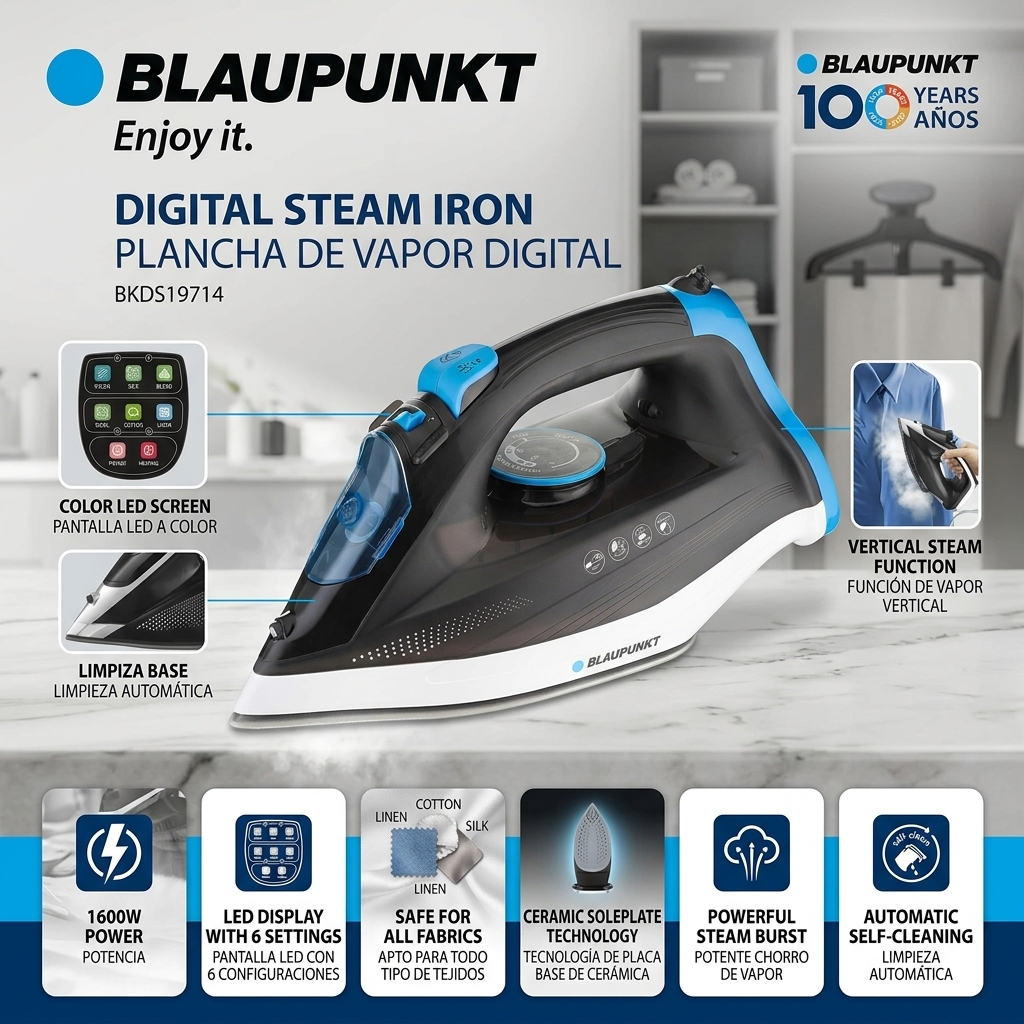 BLAUPUNK IRON -- JUMBO STEAM WITH 1.8 MERTE RETRACTABLE CHORD