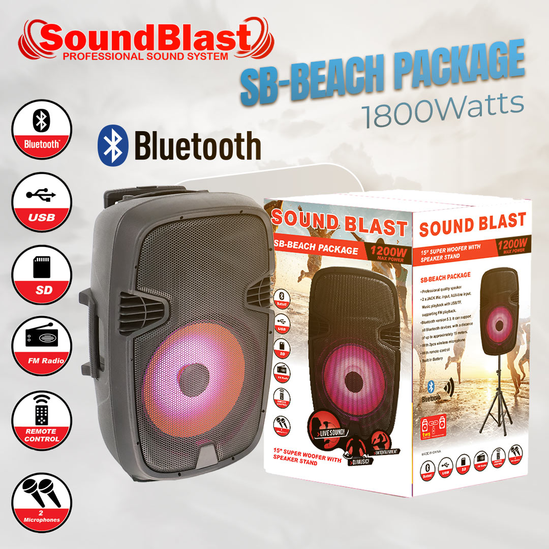 SOUND BLAST SPEAKER -- RECHERGABLE 8 HOUR BATTERY -- BEACH VIBES -- FREE STAND -- 1200 WATTS