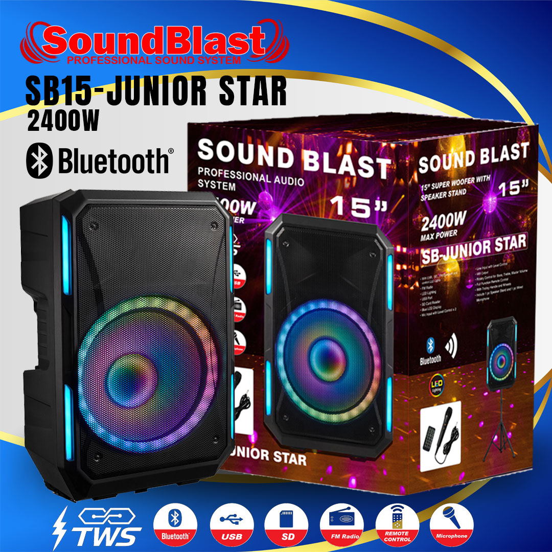 SOUND BLAST POWERED 15" -- JUNIOR STAR -- 2400 watts -- FREE STAND & MIC -- READY TO PARTY