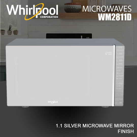 WHIRLPOOL MICROWAVE 1.1 CF MIRROR STEEL MAKEUP --- FAMILY SIZE