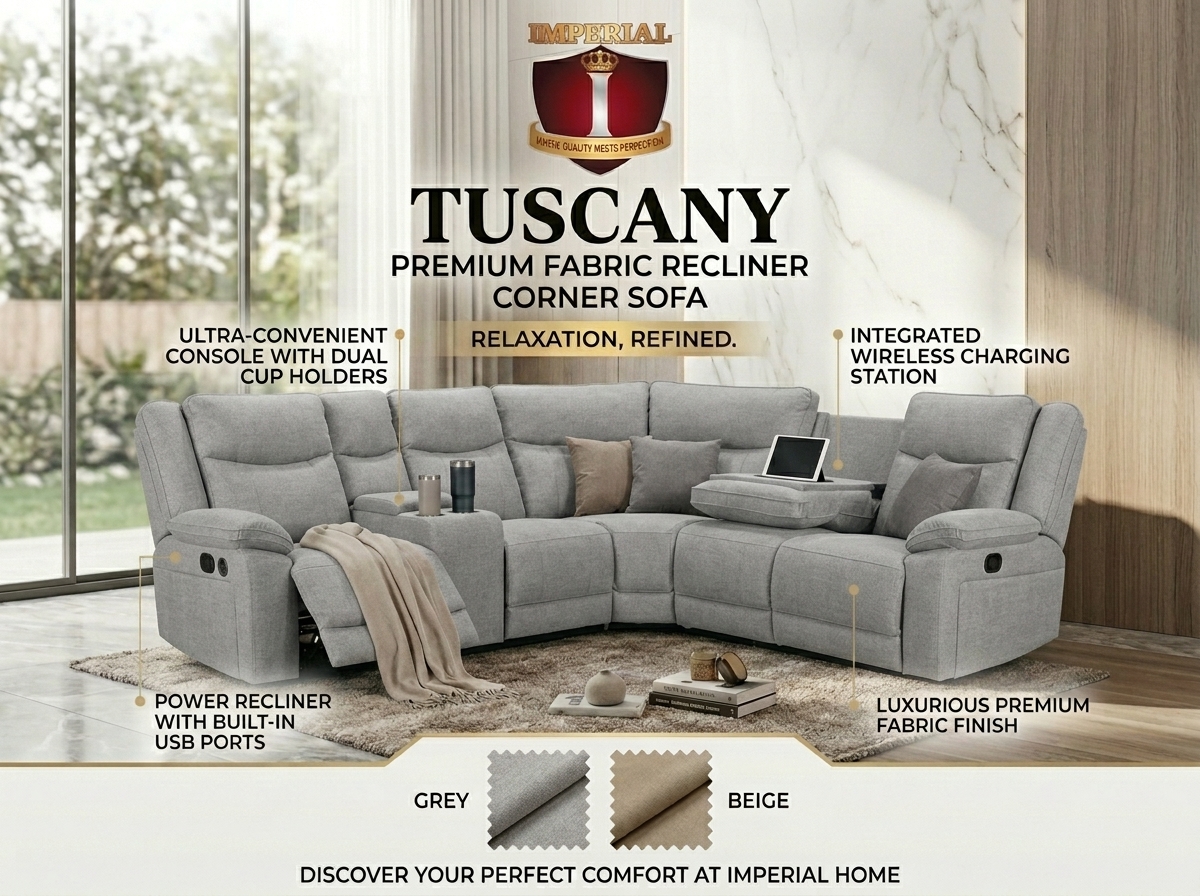 IMPERIAL -- TUSCANY -- BLACK CORNER SOFA WITH TECHNOLOGY FABRIC & RECLINER ALSO WIRELESS CHARGER AND IN USB TYPE C -- INTRODUCTRY OFFER